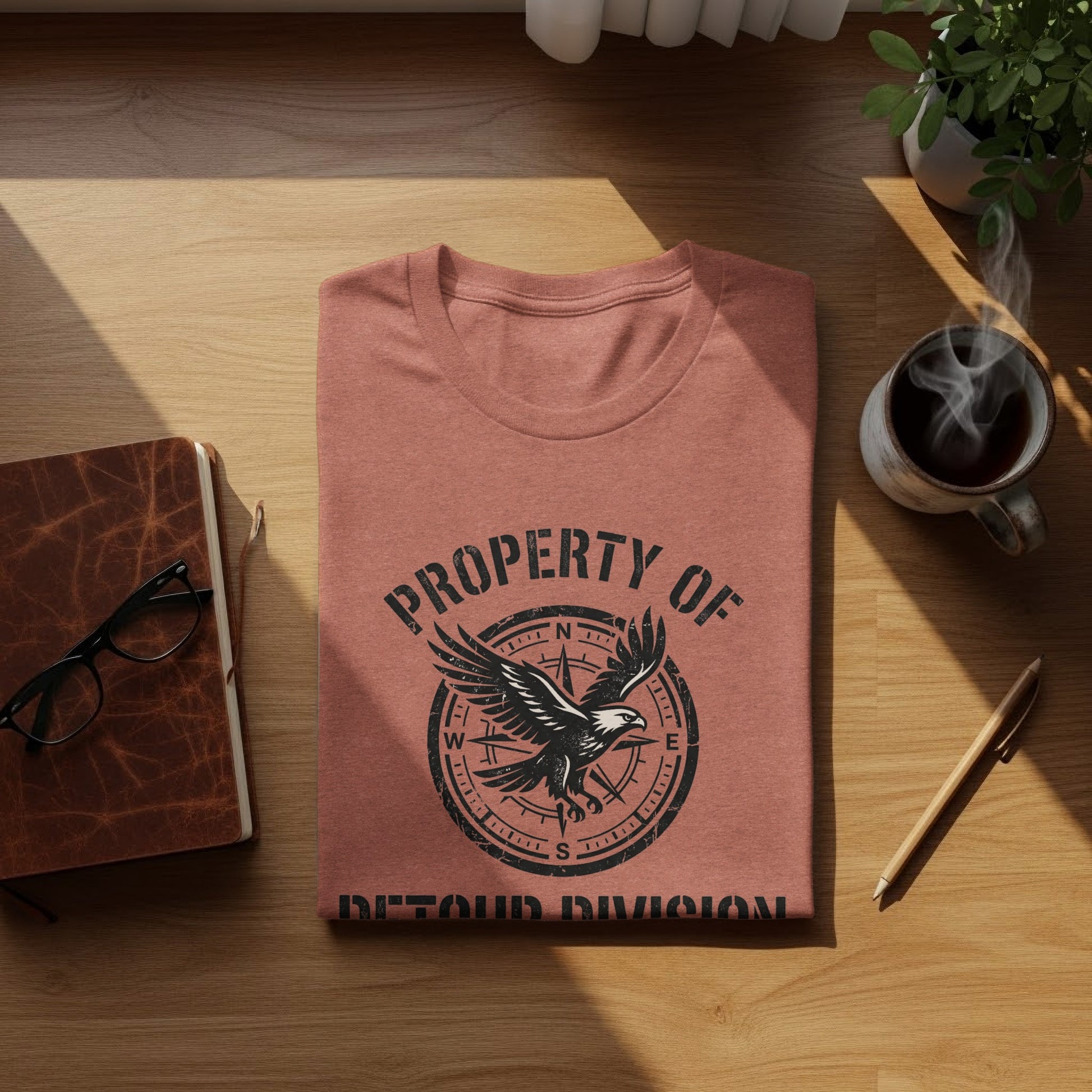 Rugged Detour Division Compass Eagle Tee Wilderness Shirt: Distressed t-shirt with eagle and compass graphic, "PROPERTY OF DETOUR DIVISION" text.