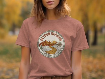 Detour Division Heritage | Vintage Outdoor Apparel: Dusty rose t-shirt with "Detour Division" circular logo and compass.