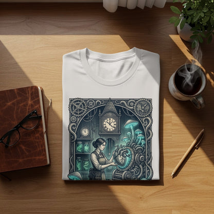 T-shirt with steampunk anatomical heart design and woman in workshop.