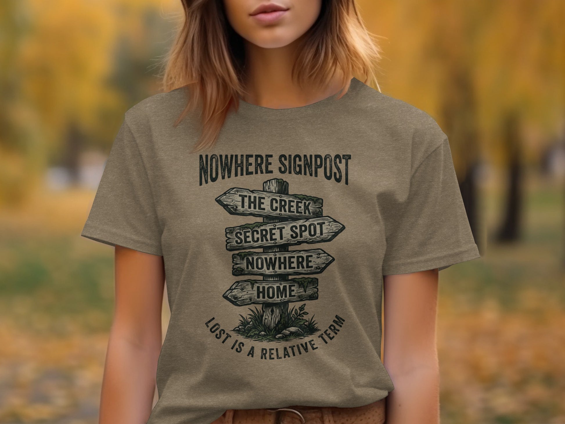 Nowhere Signpost Adventure: Backcountry Outpost Shirt: T-shirt with brown background and "Nowhere Signpost" graphic.