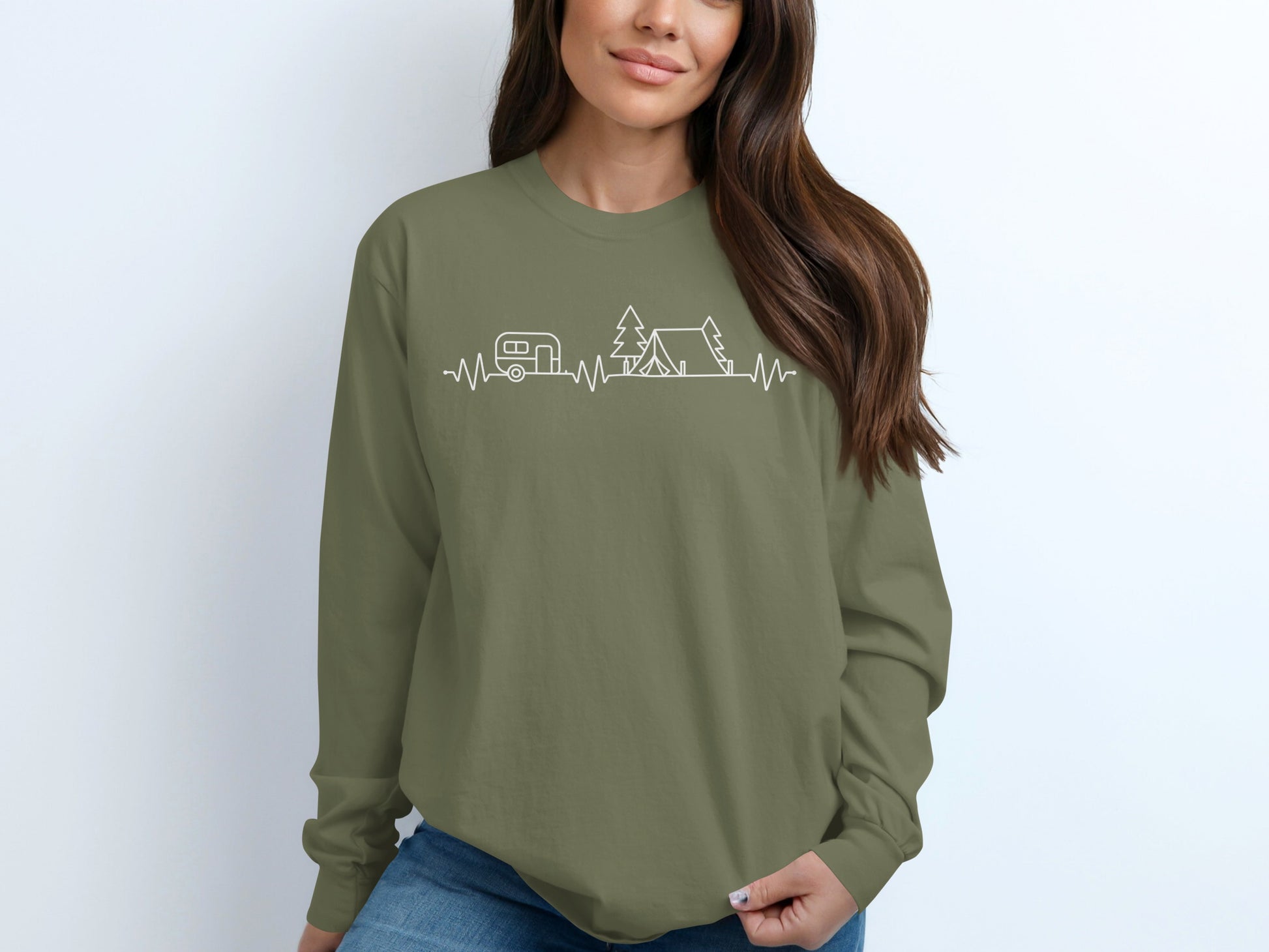 Camping Heartbeat Caravan Tent Adventure Time Long Sleeve T-Shirt Long Sleeve Tee - Outdoor & Adventure Collection - Mile Marker 16 Gear by Cloud 16 Clothing Co.