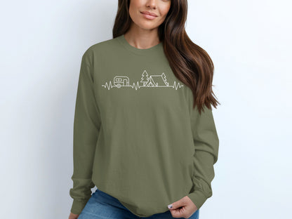 Camping Heartbeat Caravan Tent Adventure Time Long Sleeve T-Shirt Long Sleeve Tee - Outdoor & Adventure Collection - Mile Marker 16 Gear by Cloud 16 Clothing Co.