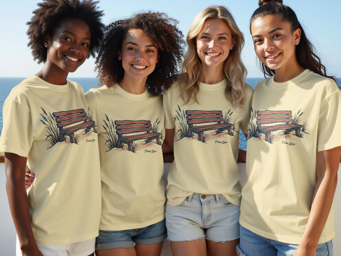 Four women wearing yellow t-shirts with a bench graphic.