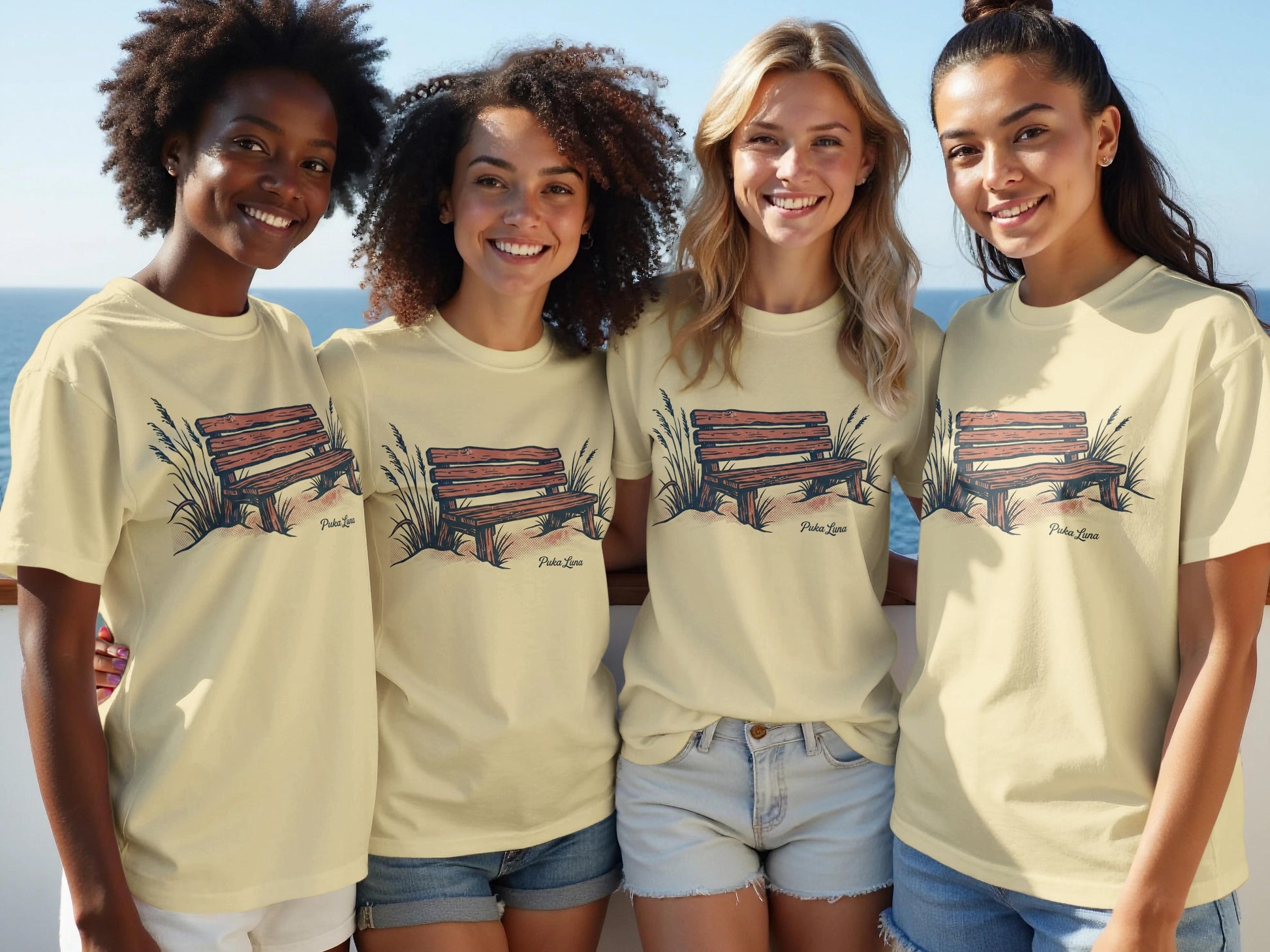 Four women wearing yellow t-shirts with a bench graphic.