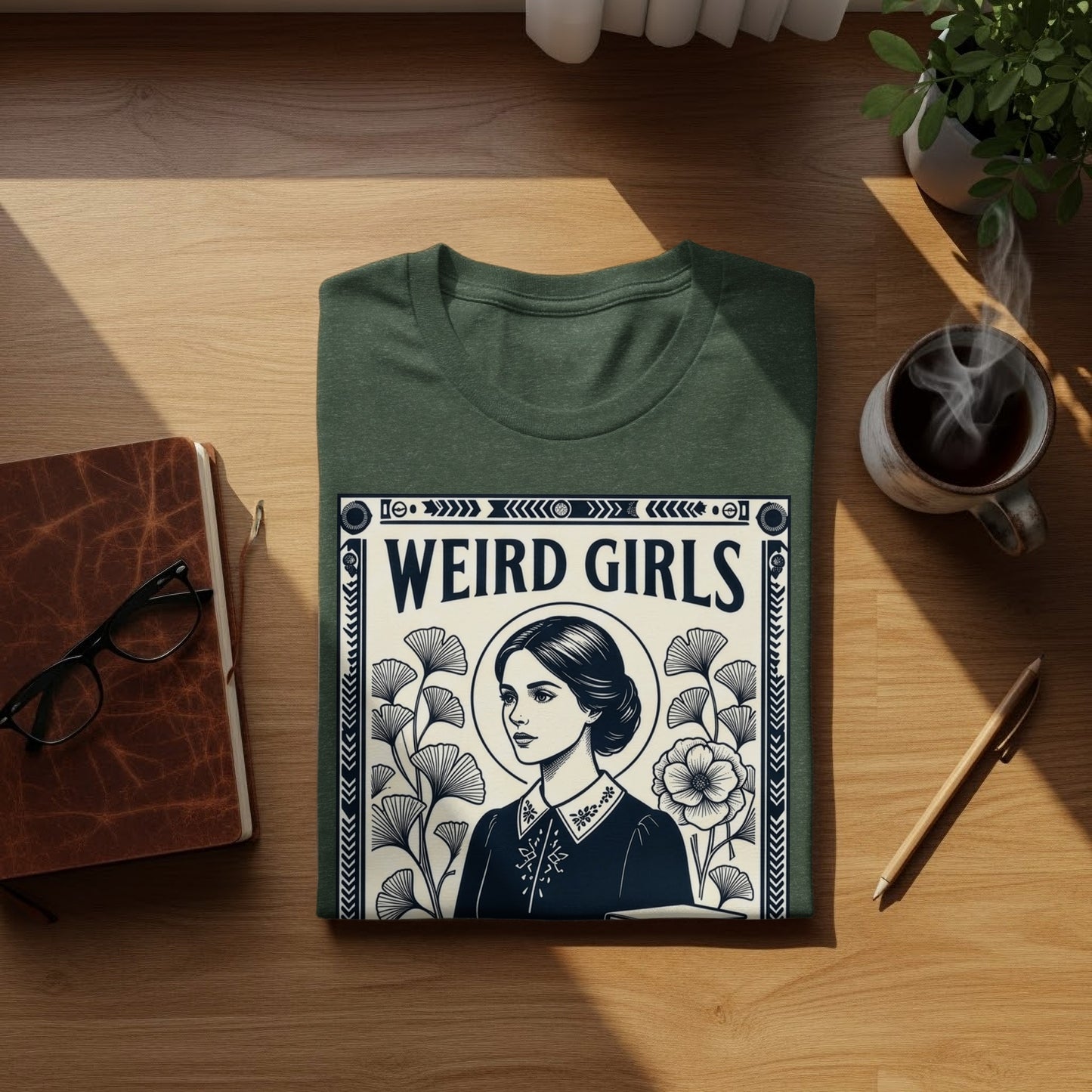 Dark green t-shirt with "Weird Girls" text and woman's portrait illustration.