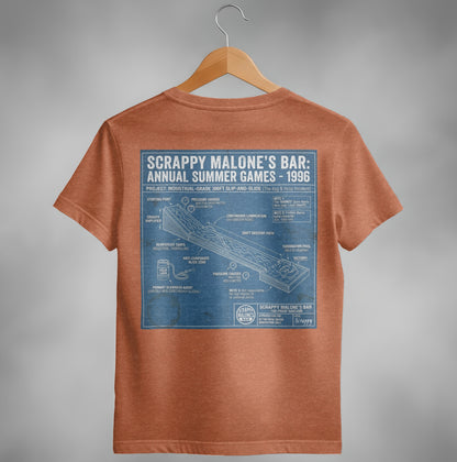 Scrappy Malone's Bar 1996 slip-and-slide diagram with labeled zones and notes.