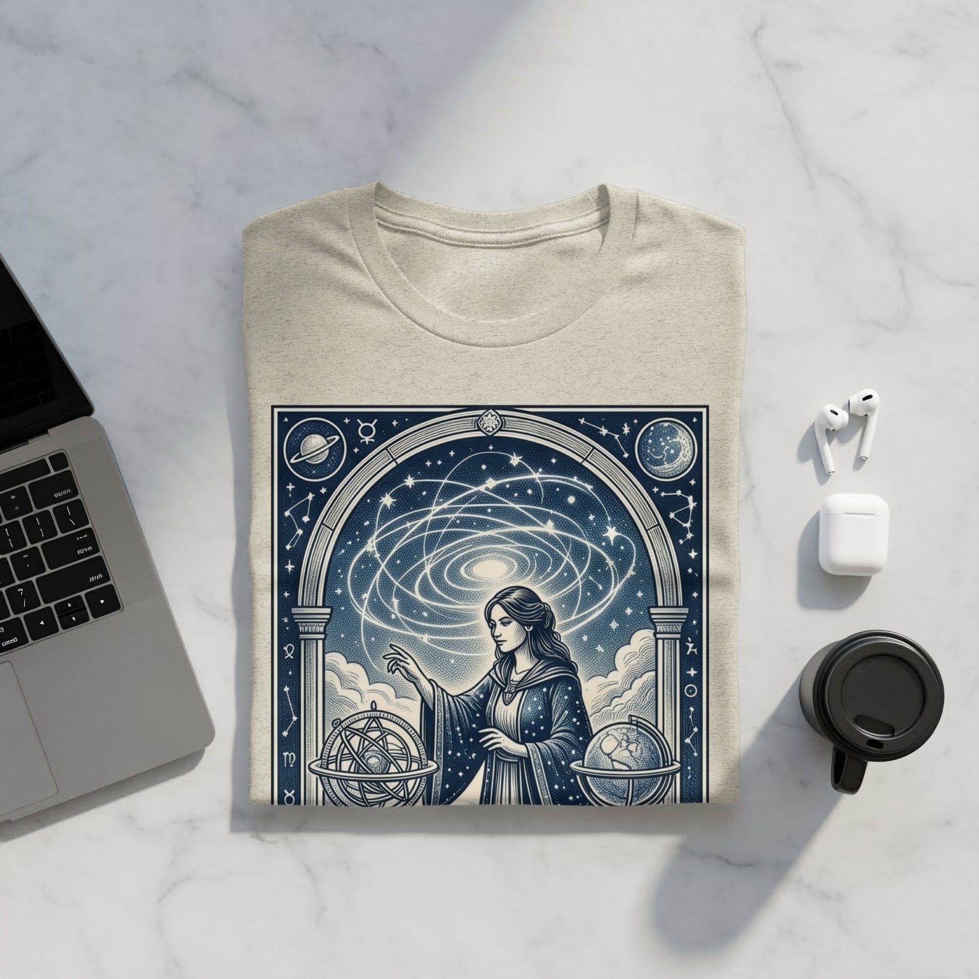 T-shirt featuring celestial goddess surrounded by planets, stars, and galaxies.
