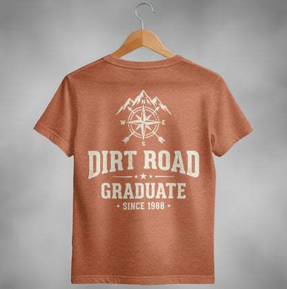 Orange t-shirt with "Dirt Road Graduate Since 1988" and compass graphic.