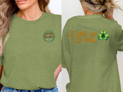 Scrappy Malone's Bar, Bar Logo Art, Irish Bar Sign, Shamrock Design, St Patricks Day Gift, Lucky Charm Bar Decor T-Shirt - Scrappy Malone's Bar 100-Proof Humor - Cloud 16 Clothing Co.