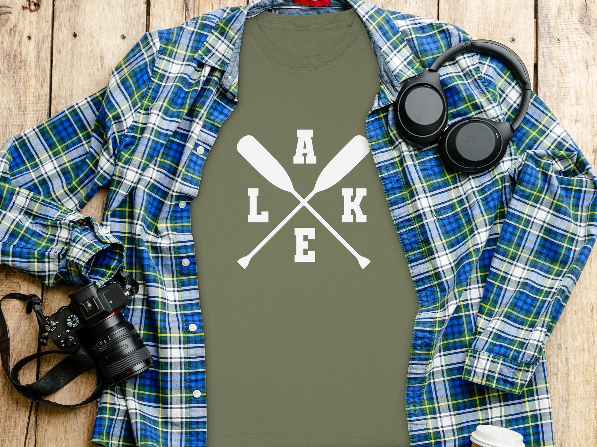 Trendy Lake Paddle Design Shirt with Headphones Nearby