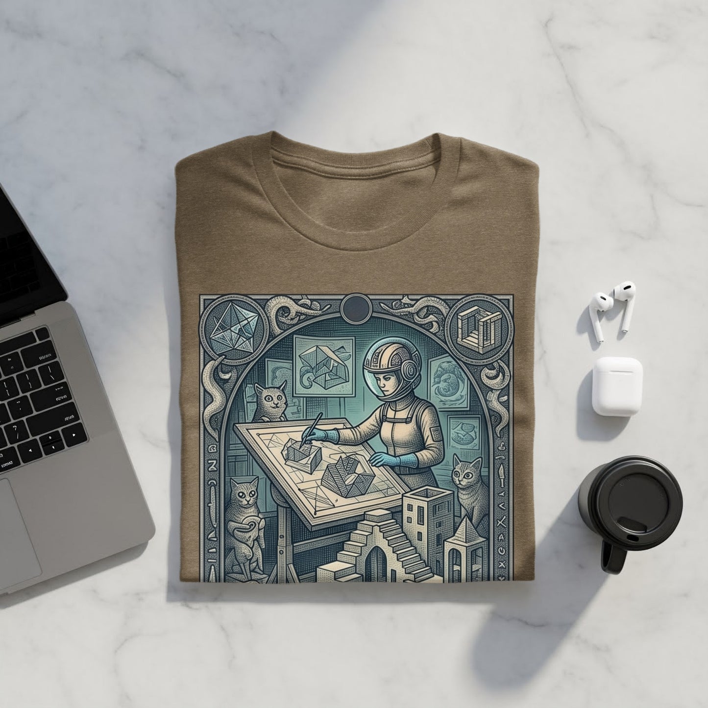 T-shirt featuring an astronaut drawing geometric shapes with cats.