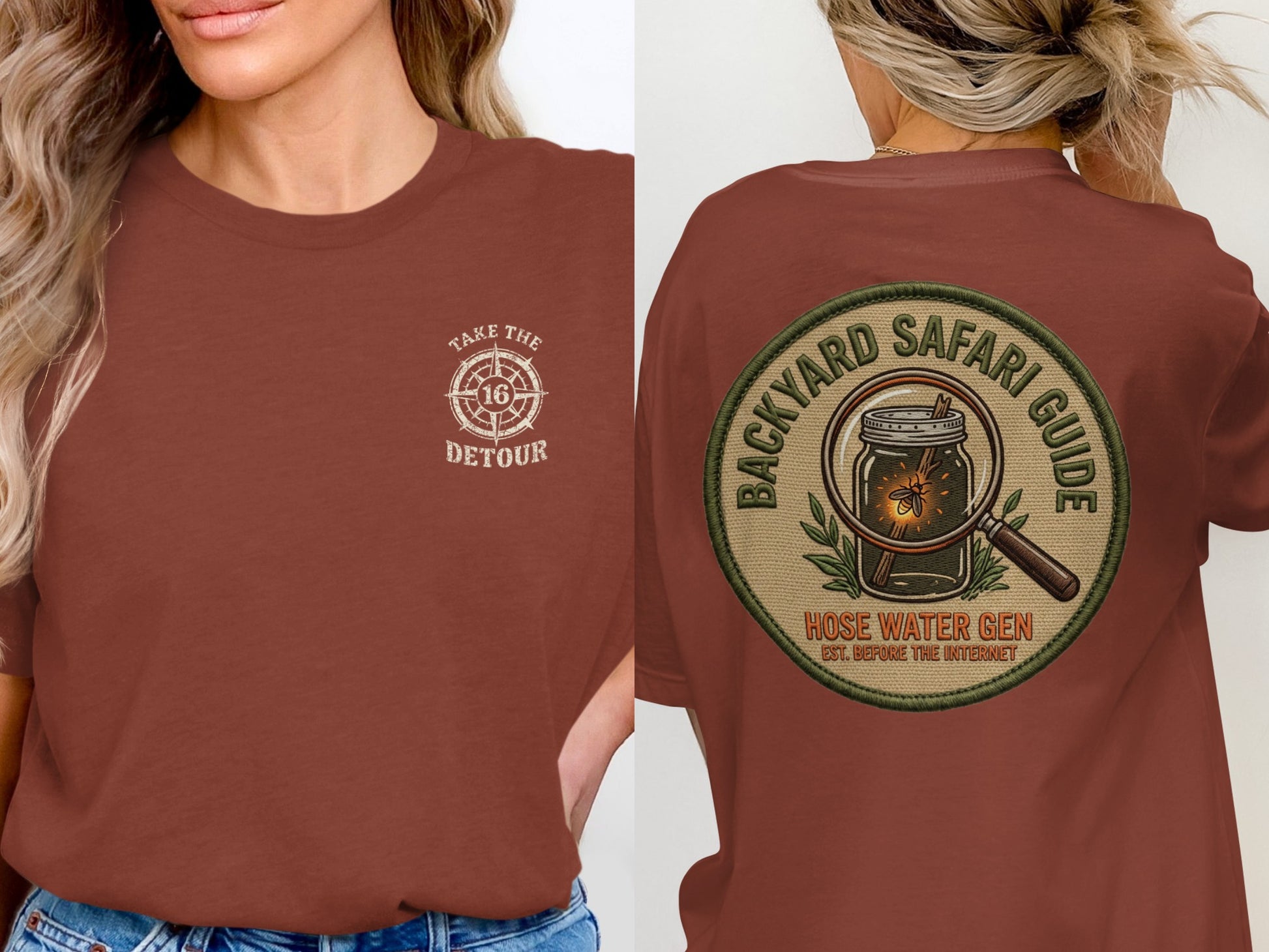 Two views of a maroon t-shirt with "Take the Detour 16" on front and a patch with "Backyard Safari Guide" and a jar on back.