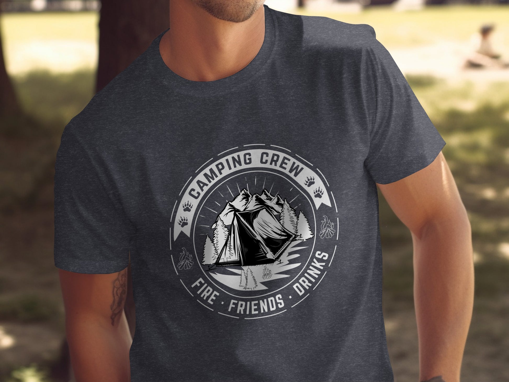 Camping Crew Friends Drinks Fire Tent Mountain Scene T-Shirt T-Shirt - Outdoor & Adventure Collection - Mile Marker 16 Gear by Cloud 16 Clothing Co.