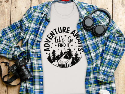 Adventure Awaits Let's Go Find It Silhouette Camper T-Shirt T-Shirt - Outdoor & Adventure Collection - Mile Marker 16 Gear by Cloud 16 Clothing Co.