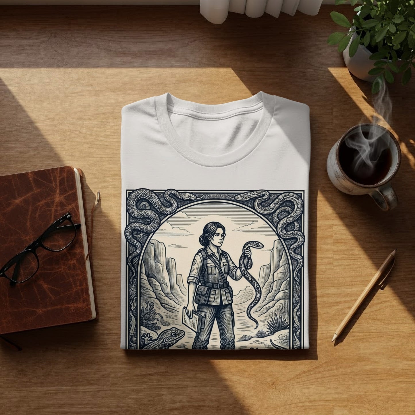 White t-shirt with a desert scene illustration of a woman holding a snake.