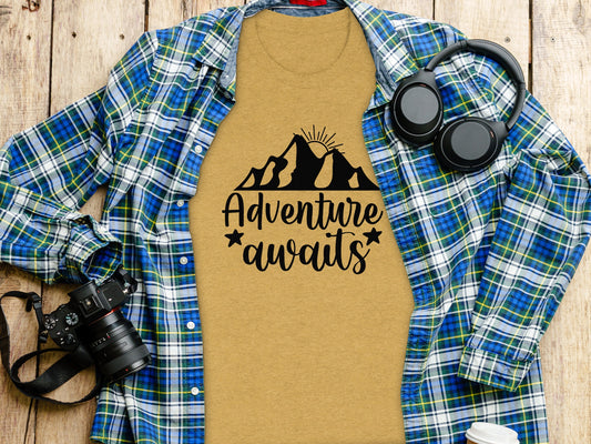 Adventure Awaits with Mountain and Star Graphic T-Shirt T-Shirt - Outdoor & Adventure Collection - Mile Marker 16 Gear by Cloud 16 Clothing Co.