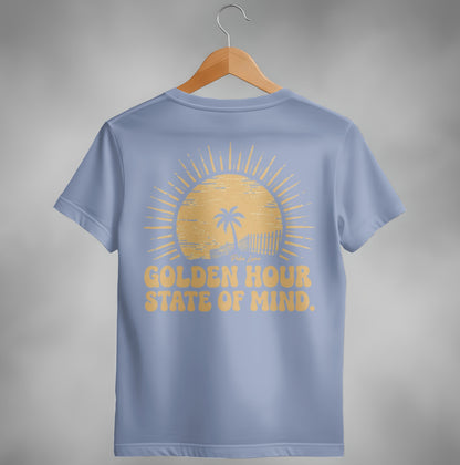 Blue t-shirt with golden sun and "GOLDEN HOUR STATE OF MIND." text.