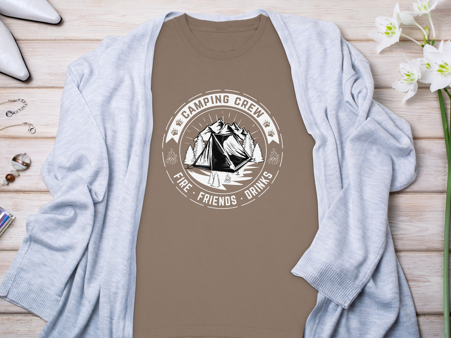 Camping Crew Fire Friends Drinks Graphic T-shirt