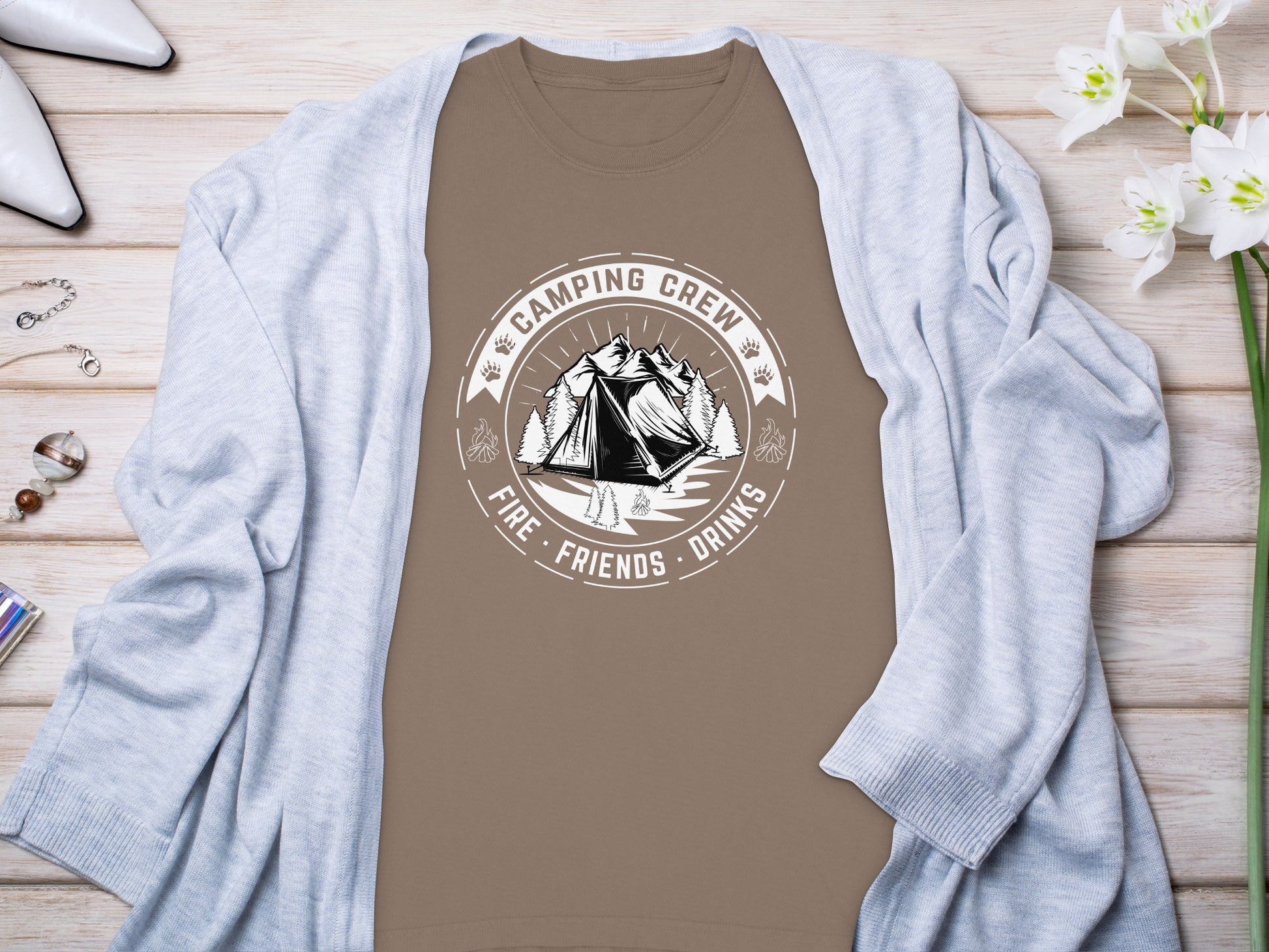 Camping Crew Fire Friends Drinks Graphic T-shirt