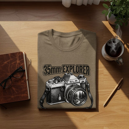 35mm Explorer Detour | Vintage Outdoor Apparel: T-shirt with graphic of vintage 35mm SLR camera and text "35mm EXPLORER".