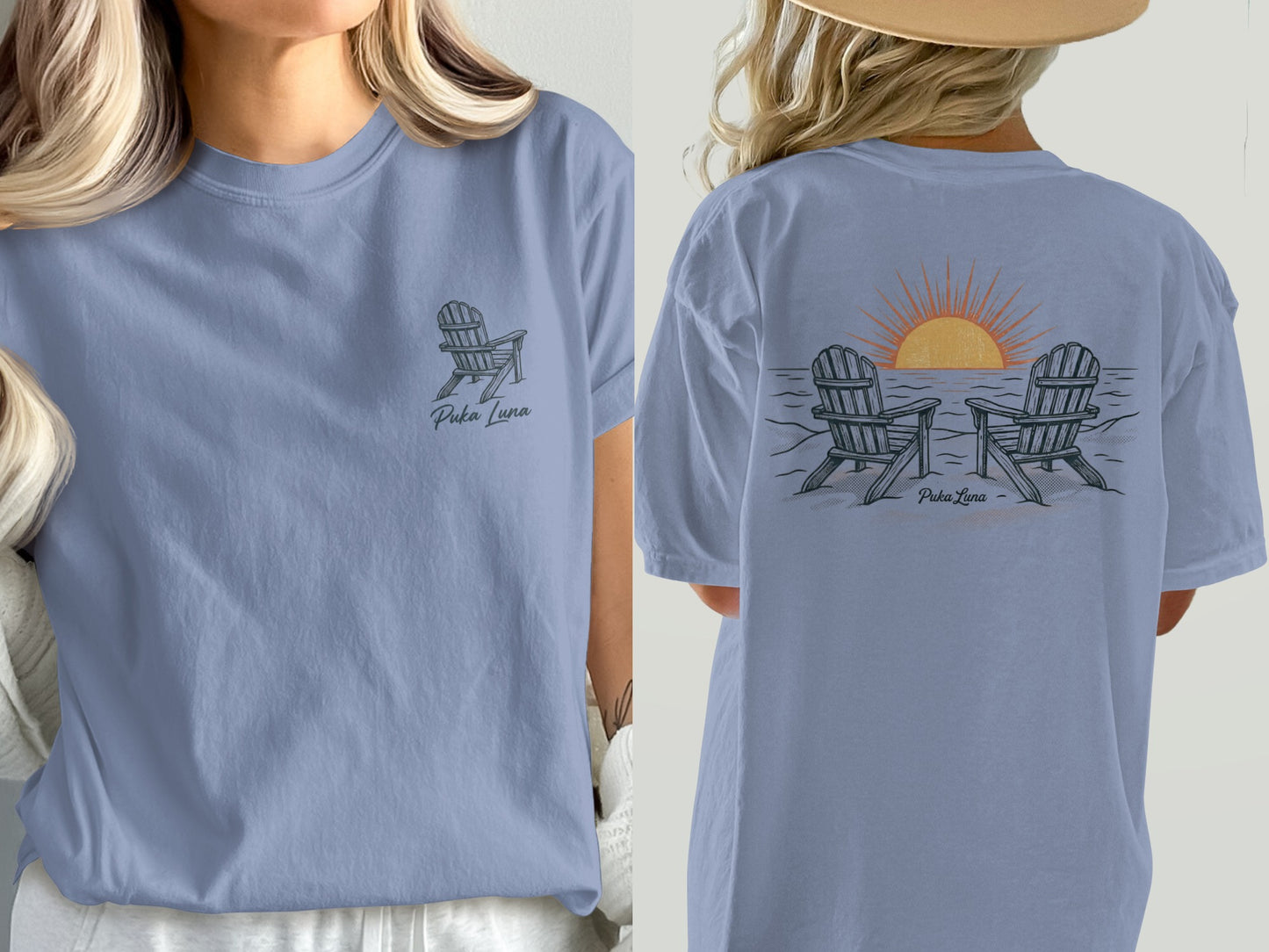 Two Adirondack chairs face a sunset over water with "Puka Luna" text.