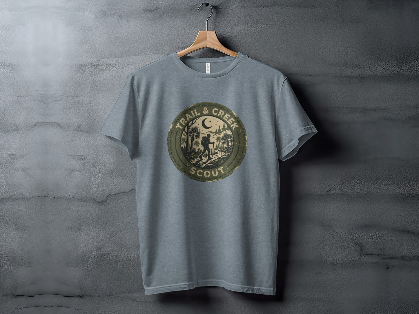 Heritage Trail & Creek Scout Adventure Nomad Tee: Grey t-shirt with a circular "Trail & Creek Scout" logo featuring a moonlit forest scene.