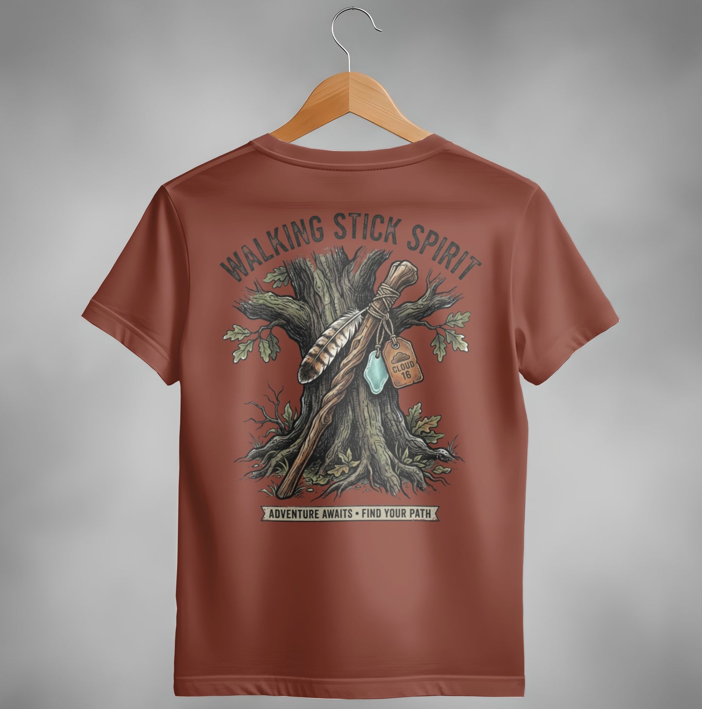 Walking Stick Spirit: Adventure awaits. Find your path. Graphic on shirt.