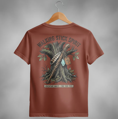 Walking Stick Spirit: Adventure awaits. Find your path. Graphic on shirt.