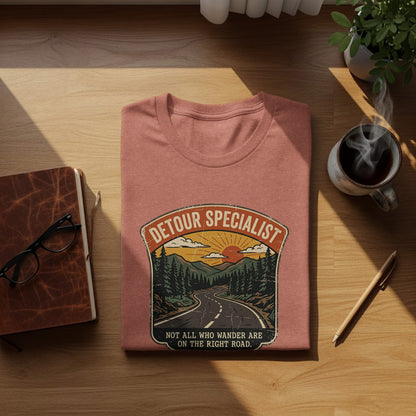 Heritage Detour Specialist Vintage Graphic Nomad Tee: T-shirt with "Detour Specialist" sun and mountain graphic and road text.