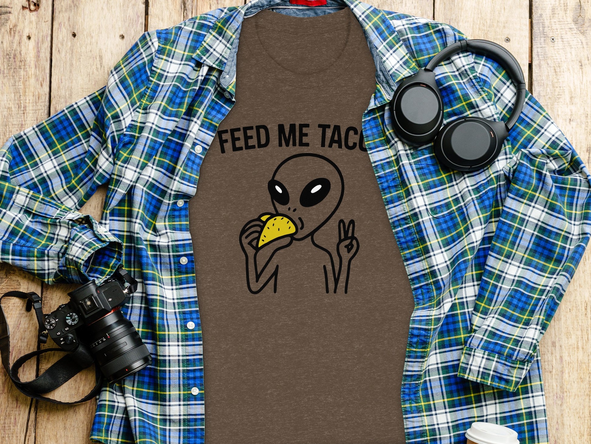 Feed Me Tacos Alien Graphic Tee Fun Unique Shirt