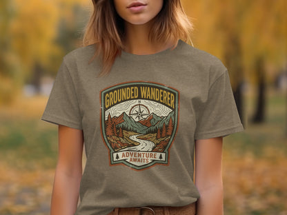 Heritage Grounded Wanderer Adventure Nomad Tee: T-shirt with "Grounded Wanderer Adventure Awaits" badge graphic featuring mountains and road.