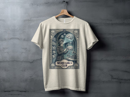 Light t-shirt with "Weird Girls Club" logo featuring a woman studying a glowing brain.