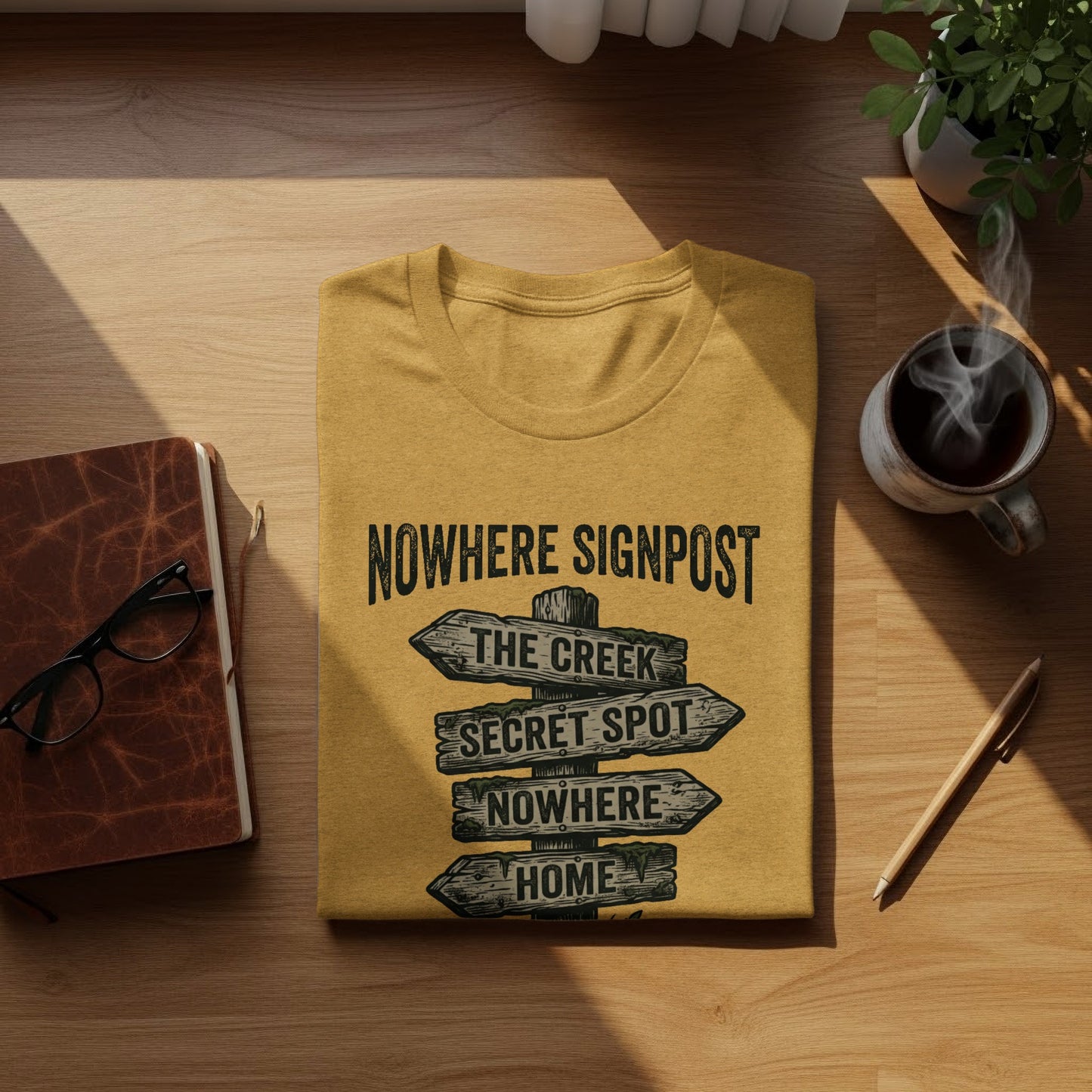 Nowhere Signpost Adventure: Backcountry Outpost Shirt: Yellow t-shirt with a wooden signpost design pointing to "Nowhere", "The Creek", "Secret Spot", and "Home".