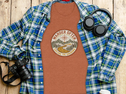 The Original Wander Often Vintage Explorer Adventure Top: Brown t-shirt with "Wander Often Explore the Unknown" graphic, plaid shirt, and headphones.