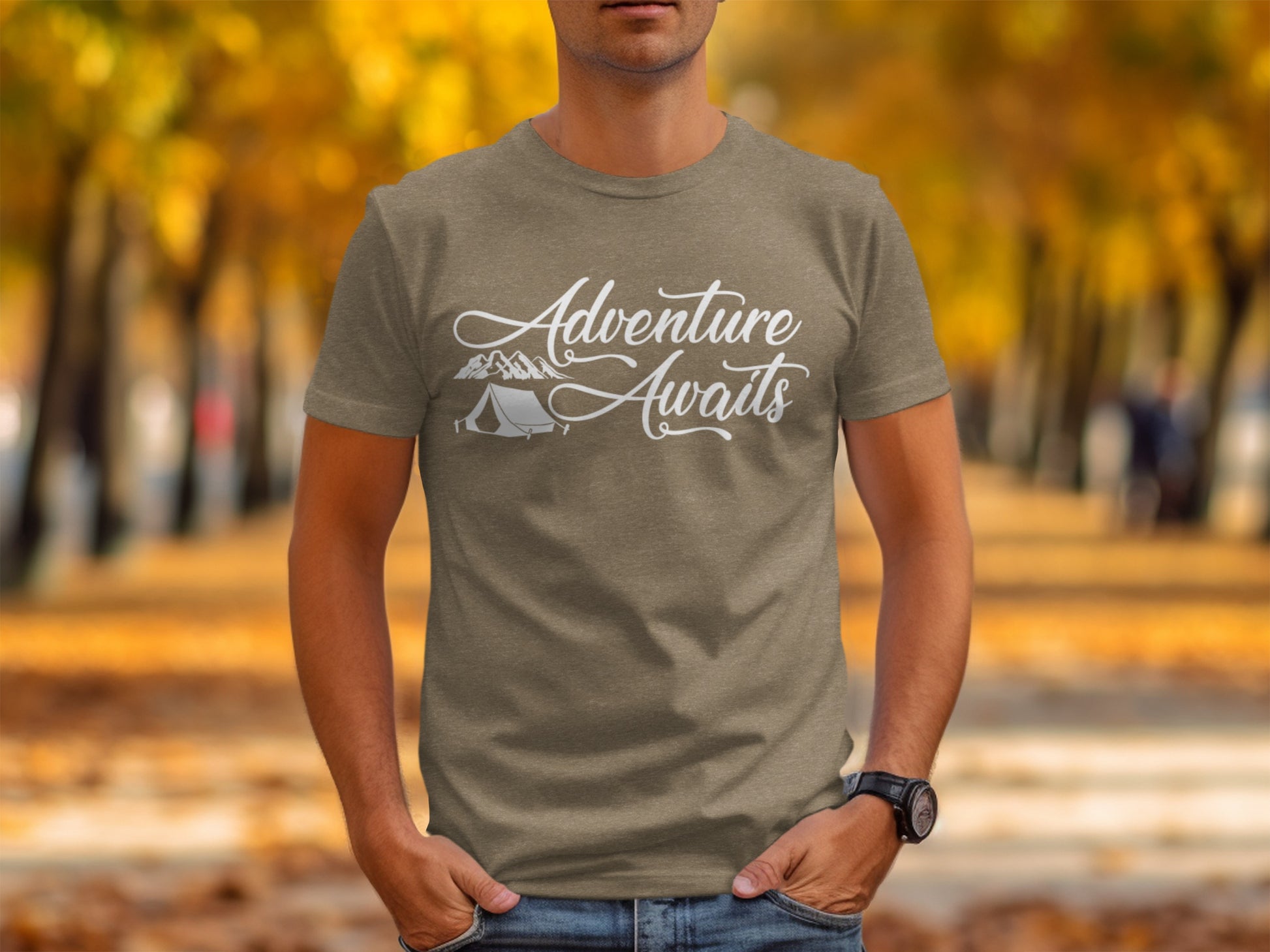 Adventure Awaits Tent Mountains Graphic Design T-Shirt T-Shirt - Outdoor & Adventure Collection - Mile Marker 16 Gear by Cloud 16 Clothing Co.