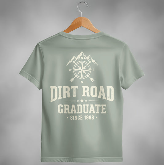 Green t-shirt with "Dirt Road Graduate Since 1988" and compass graphic.