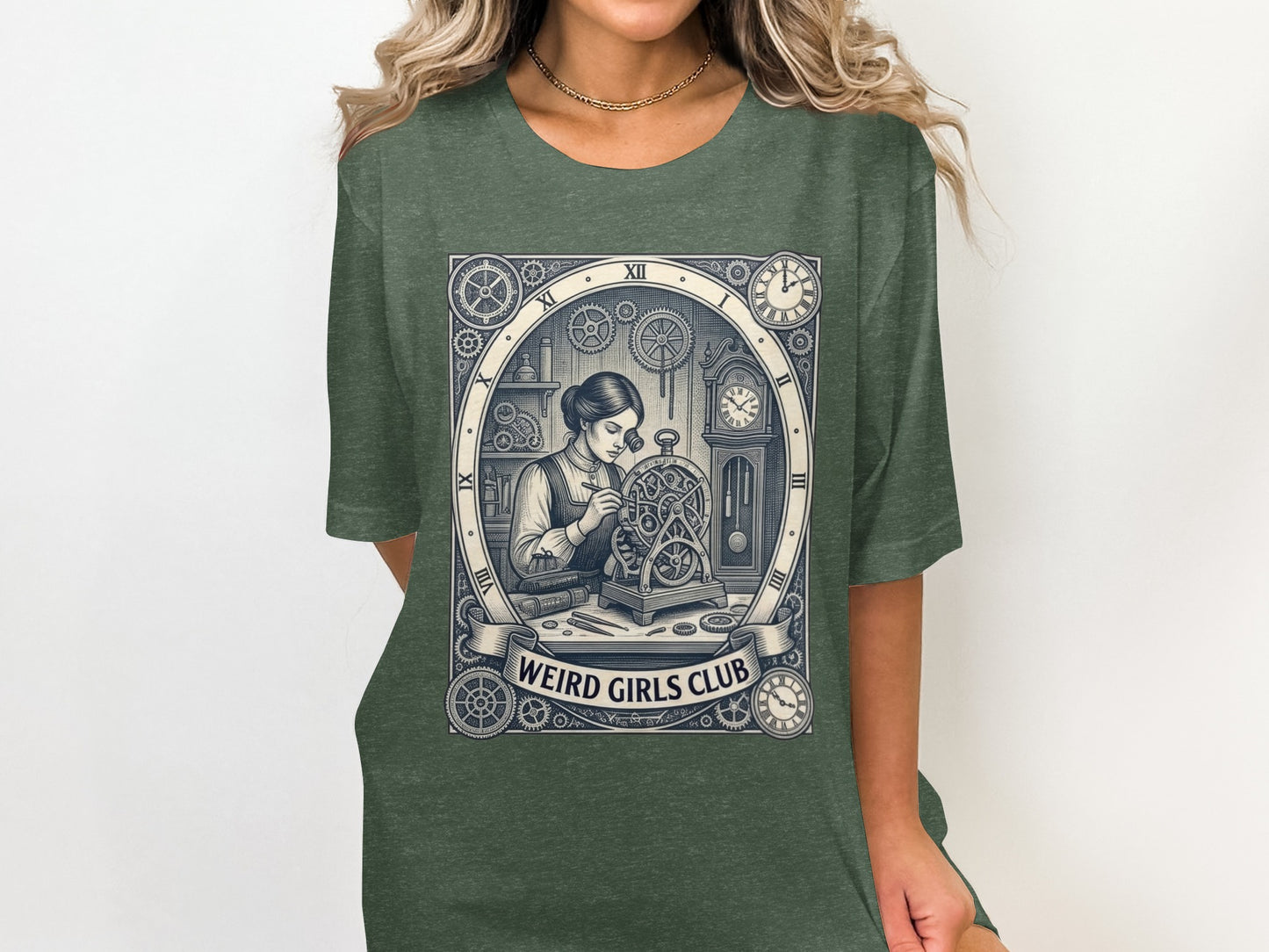 Woman working on intricate clockwork mechanism in circular vintage illustration.