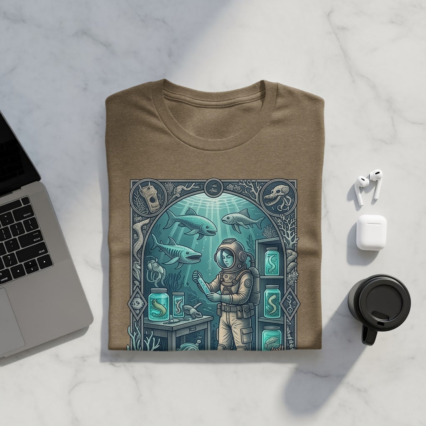 Diver with sea creatures in jars, framed illustration on a brown t-shirt.