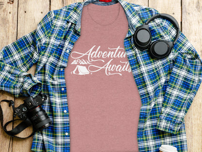 Adventure Awaits Tent Mountains Graphic Design T-Shirt T-Shirt - Outdoor & Adventure Collection - Mile Marker 16 Gear by Cloud 16 Clothing Co.