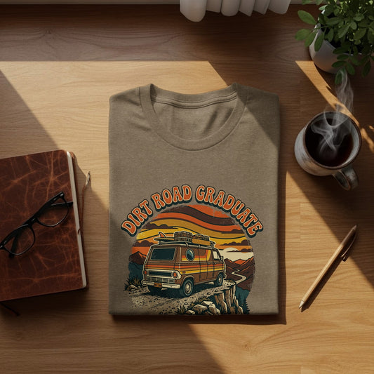 Heritage Dirt Road Graduate Adventure Tee Nomad Tee: T-shirt with "Dirt Road Graduate" text, van, and sunset landscape.