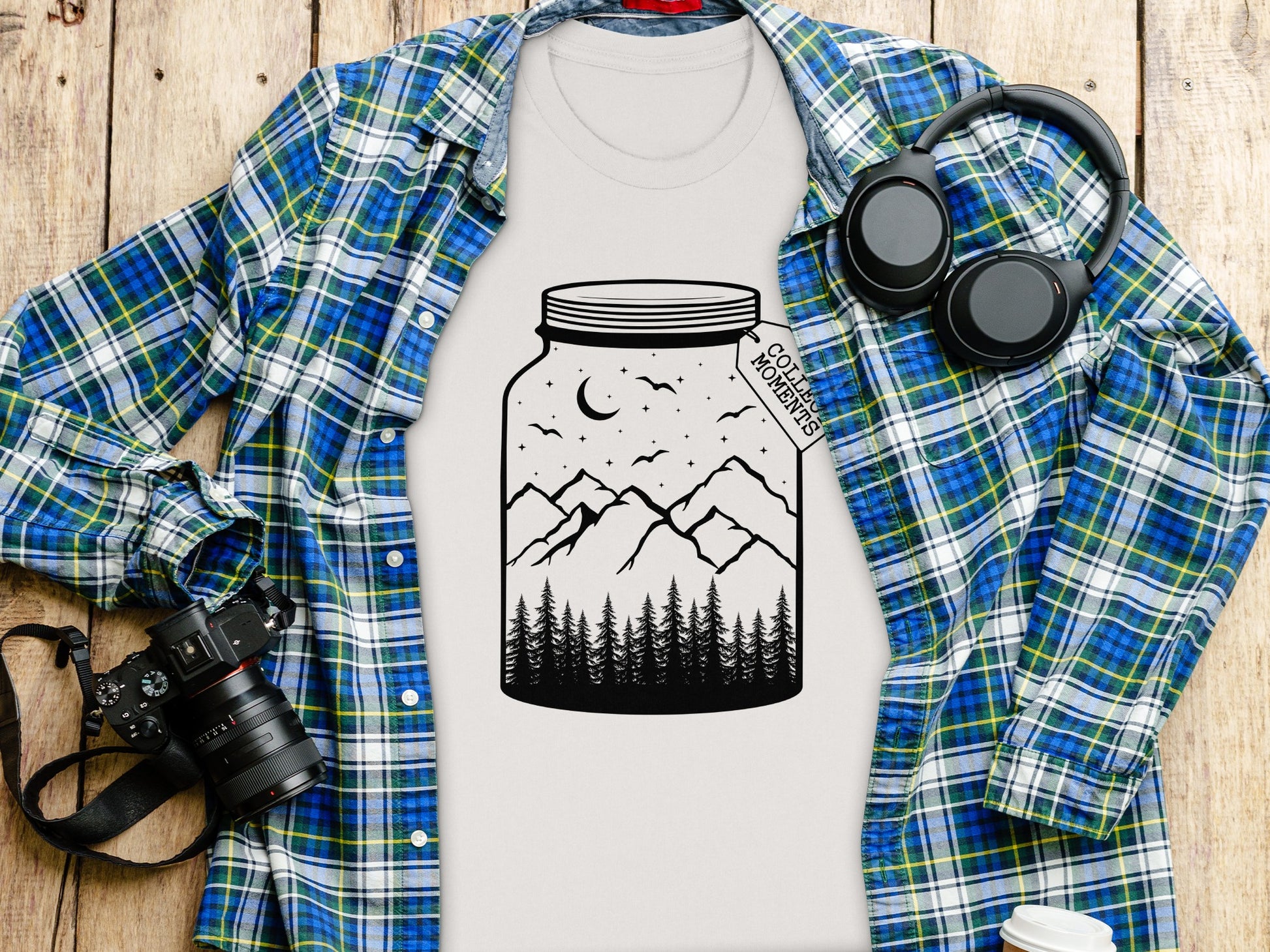 Collect Moments Jar with Mountains Scene Design T-Shirt T-Shirt - Outdoor & Adventure Collection - Mile Marker 16 Gear by Cloud 16 Clothing Co.