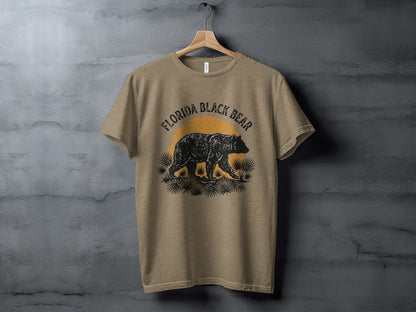 Heritage Florida Bear Trails Classic Nomad Tee: T-shirt with Florida Black Bear graphic, sunset, and palm fronds.