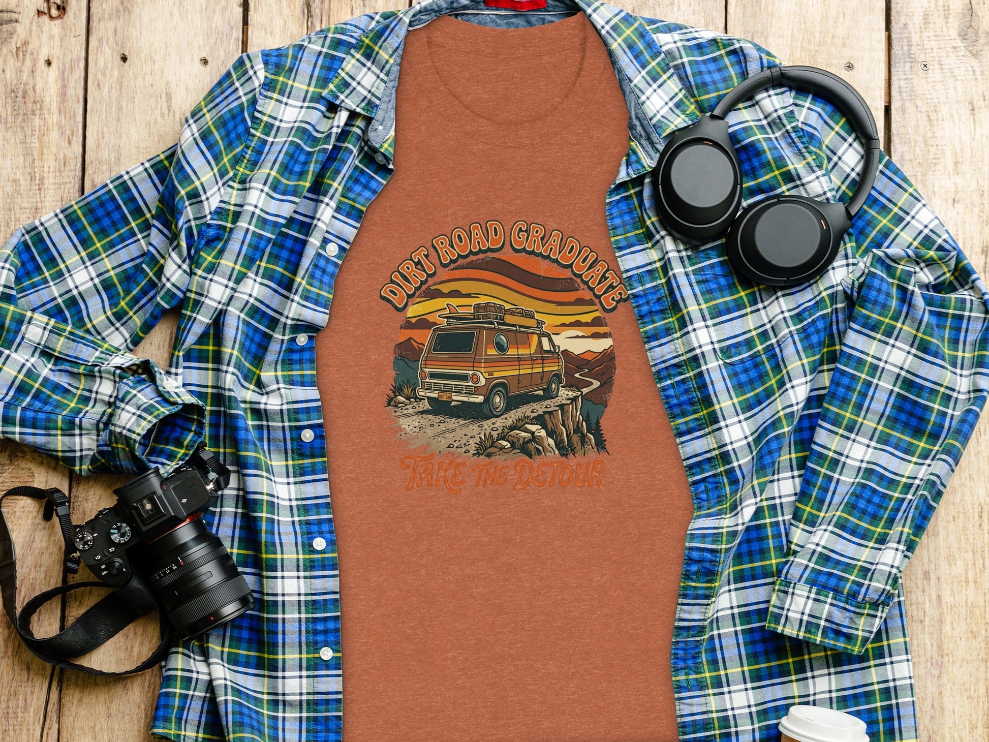 Heritage Dirt Road Graduate Adventure Tee Nomad Tee: T-shirt with graphic of a van on a cliff, "Dirt Road Graduate" and "Take the Detour" text.
