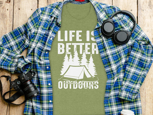 Life Is Better Outdoors Camping Tent Graphic Novelty T-Shirt T-Shirt - Outdoor & Adventure Collection - Mile Marker 16 Gear by Cloud 16 Clothing Co.