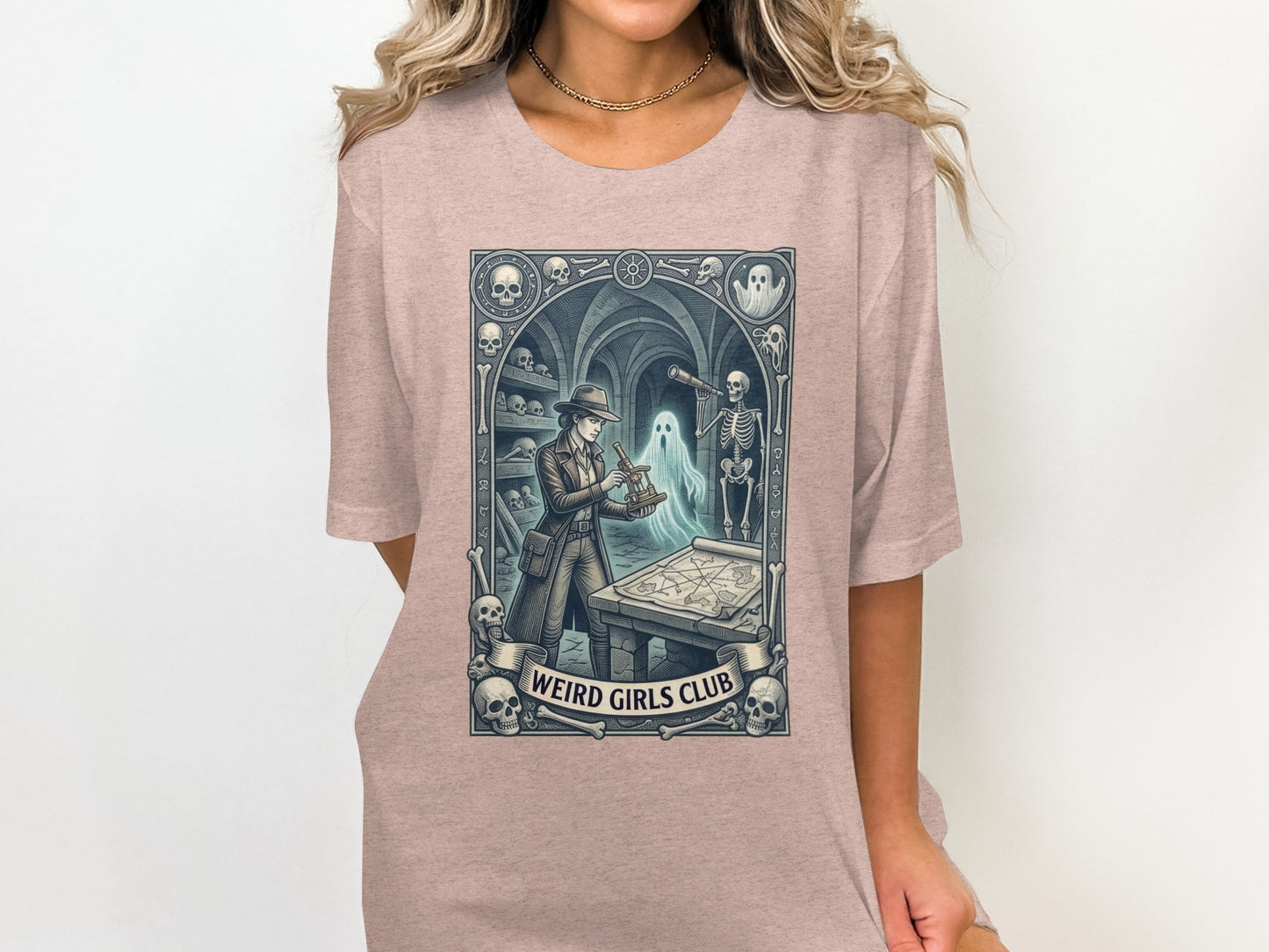"Weird Girls Club" t-shirt featuring a skeleton detective in a dimly lit room.