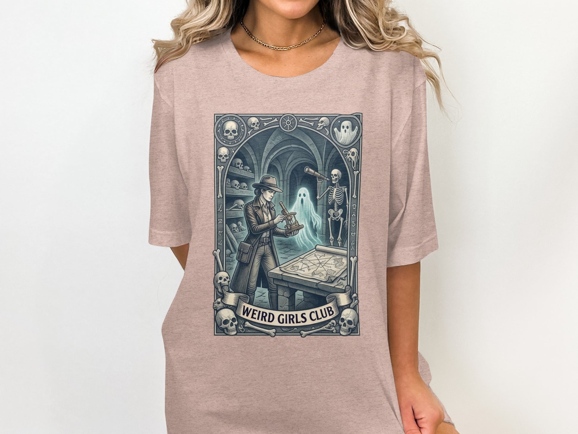"Weird Girls Club" t-shirt featuring a skeleton detective in a dimly lit room.