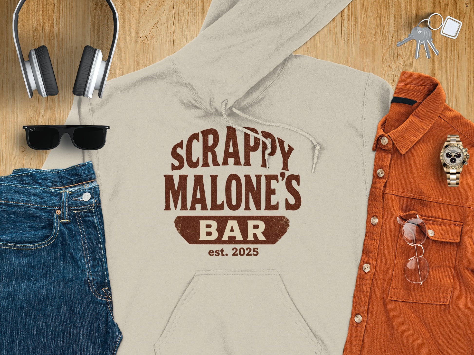 Scrappy Malone's Bar Est 2025 Vintage Style Hoodie - Retro Tavern Design Hoodie - Scrappy Malone's Bar 100-Proof Humor - Cloud 16 Clothing Co.