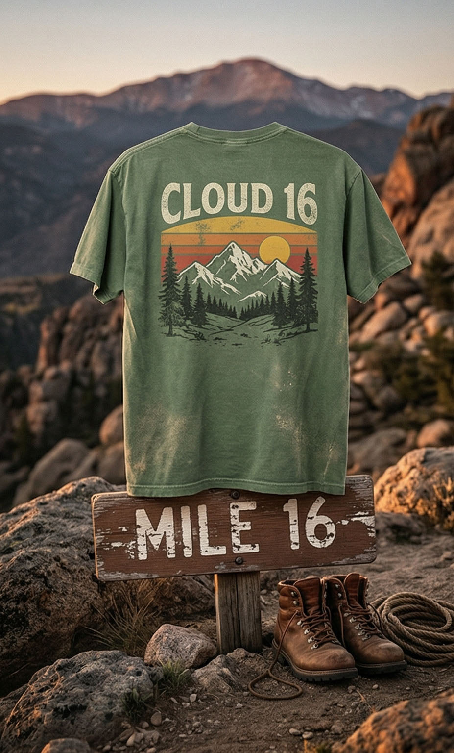 Green t-shirt with mountain graphic and 'Cloud 16' text on a rocky landscape with hiking boots and sign.