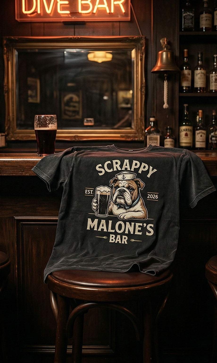 T-shirt with 'Scrappy Malone's Bar' design on a stool in a bar setting