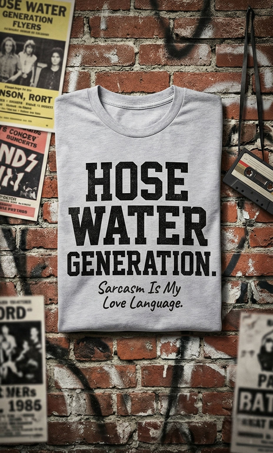 Gray t-shirt with 'Hose Water Generation. Sarcasm Is My Love Language.' text on a brick wall background.